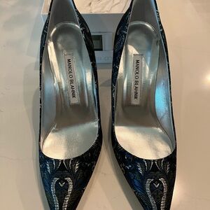 Manolo Blahnik Black and Blue Patterned Heels